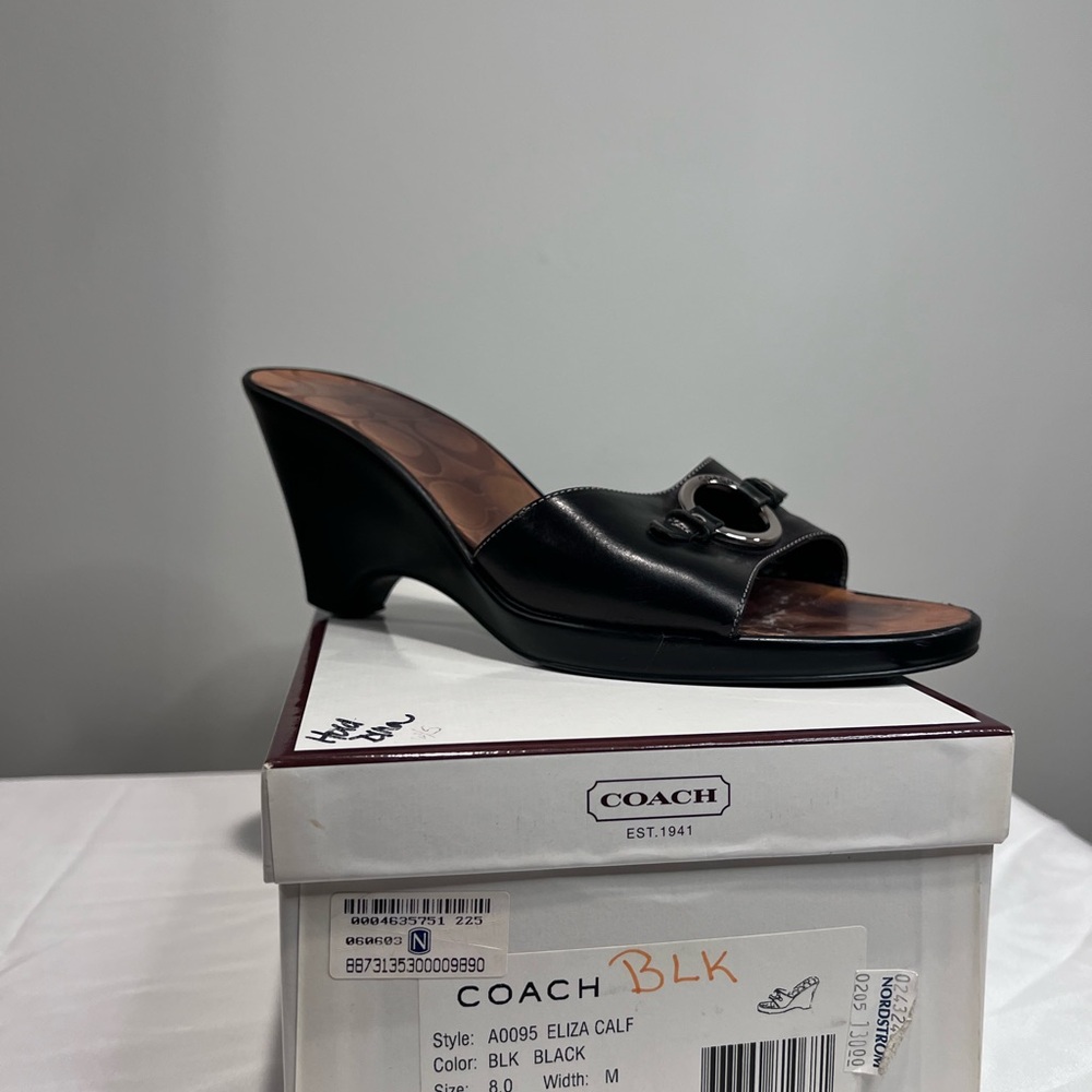 Coach Black Leather Wedge Mules